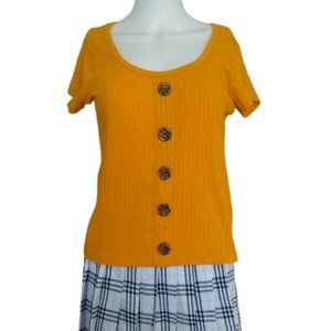Full Circle Juniors Size XL Short Sleeve Top Yellow Faux Tortoiseshell Buttons
